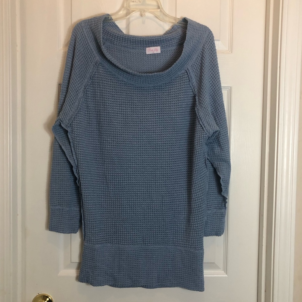 Pink Lily Blue Waffle Off The Shoulder Sweater Top  Size Small